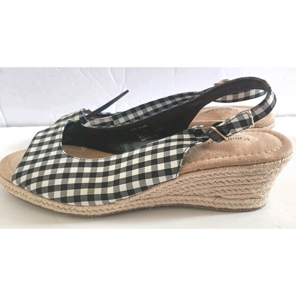 St Johns Bay Wedge Sandals Size 9.5 Lindy Black White Gingham Picnic Pattern New - Picture 2 of 8